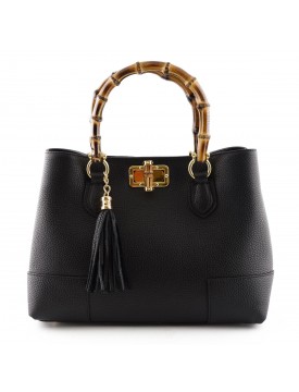 Woman Handbag with polished wooden handles in and leather tassel - Tassey