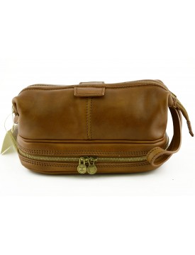 Vegetable Tanned Leather Wash Bag with Double Bottom - Azenve